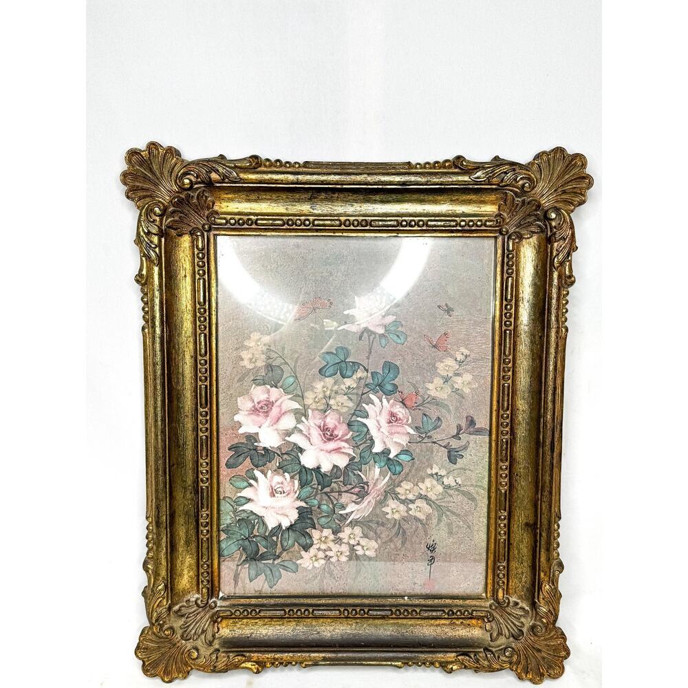 Vintage 1973 Plastic Dart Framed Floral and Butterflies Picture Under Glass